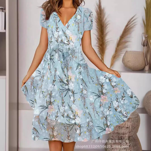 Elegant Commuter Slimming V-neck Short-sleeved Printed Waist Dress - Image 3