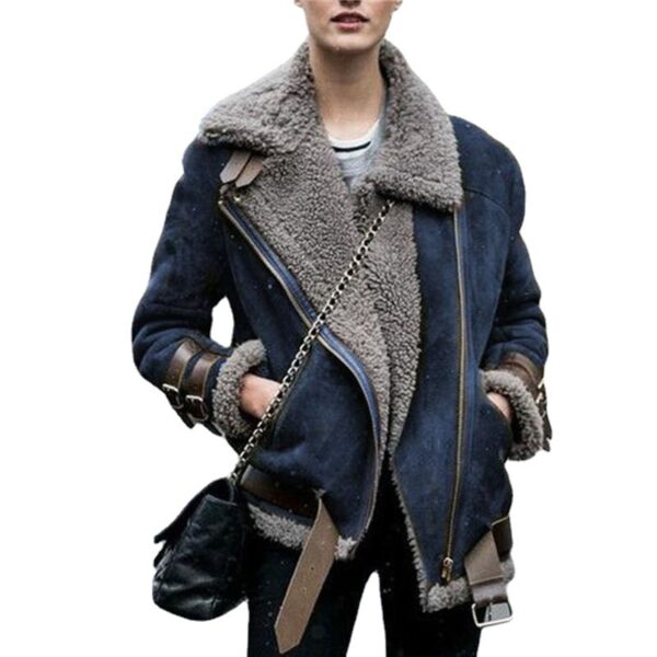 Spot Ebay Amazon Wish Motorcycle Deerskin Velvet Lamb Coat Women's Lapel Fur Cotton Coat - Image 3