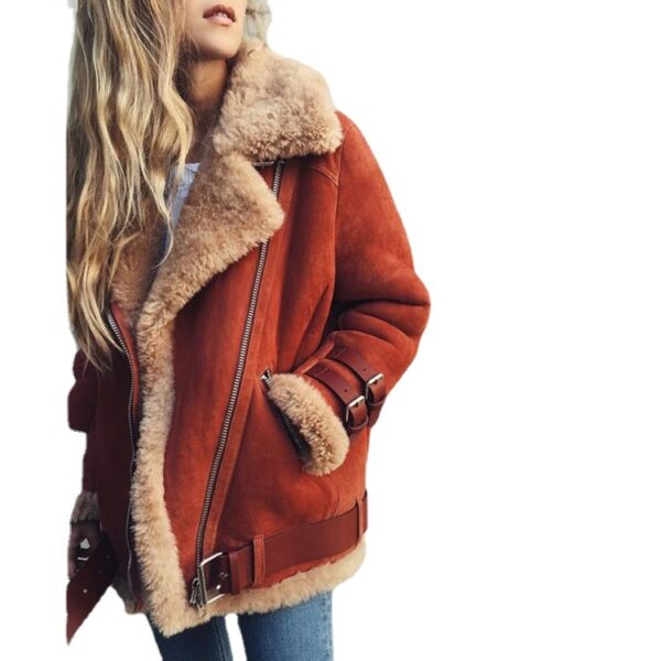 Spot Ebay Amazon Wish Motorcycle Deerskin Velvet Lamb Coat Women's Lapel Fur Cotton Coat - Image 4