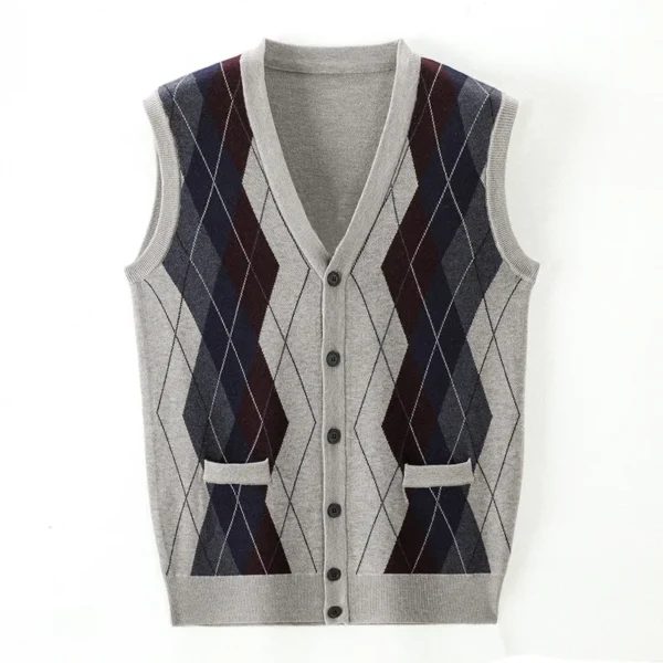 Autumn/Winter 2024 Wool Single Breasted Plaid Fit Everyday Men's Grey Collarless Cardigan Vest Vest - Image 5