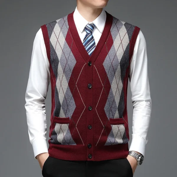 Autumn/Winter 2024 Wool Single Breasted Plaid Fit Everyday Men's Grey Collarless Cardigan Vest Vest - Image 2