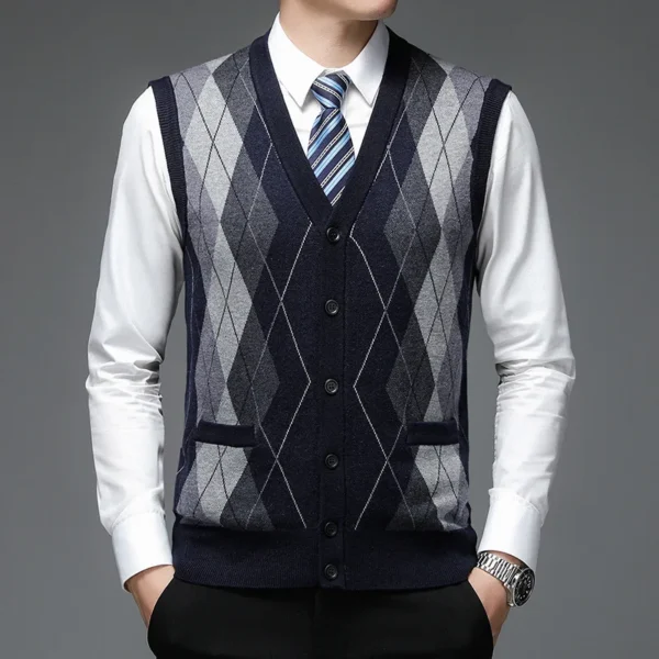 Autumn/Winter 2024 Wool Single Breasted Plaid Fit Everyday Men's Grey Collarless Cardigan Vest Vest - Image 3