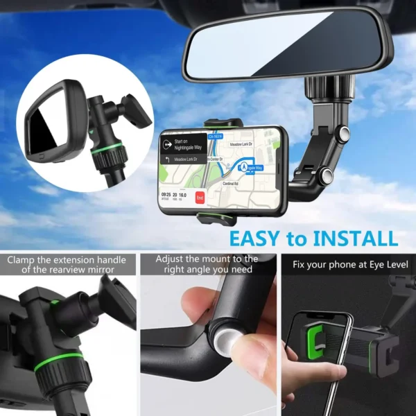 Rearview Mirror Phone Holder 360° Rotatable and Retractable Car Phone Mount Multifunctional Rear View Mirror Holder for All Car - Image 5