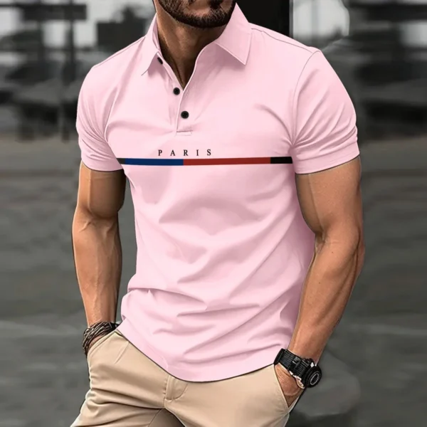 Fashionable men's new summer short-sleeved printed striped French color button lapel POLO shirt sports casual slim shirt - Image 3