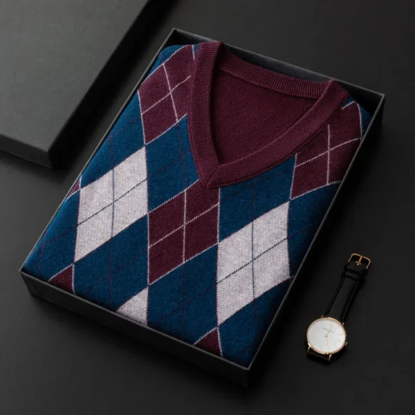 Middle-aged Men's Pullover Sweater Fashion Trend Color Diamond Plaid Sleeveless Vest in Autumn and Winter - Image 4