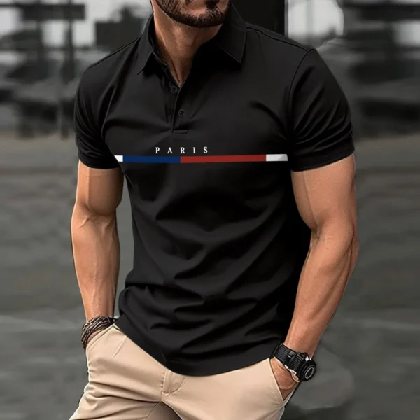 Fashionable men's new summer short-sleeved printed striped French color button lapel POLO shirt sports casual slim shirt - Image 4