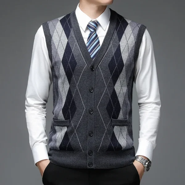 Autumn/Winter 2024 Wool Single Breasted Plaid Fit Everyday Men's Grey Collarless Cardigan Vest Vest - Image 6