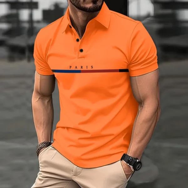 Fashionable men's new summer short-sleeved printed striped French color button lapel POLO shirt sports casual slim shirt - Image 2