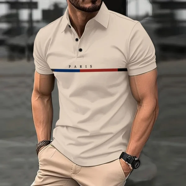 Fashionable men's new summer short-sleeved printed striped French color button lapel POLO shirt sports casual slim shirt - Image 5