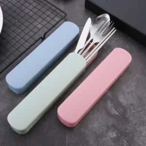 4Pcs/Set Travel Camping Cutlery Set Portable Tableware Stainless Steel Chopsticks Spoon Fork Steak Knife with Storage Case