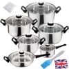 12 Piece Stainless Steel Cookware Saucepan Set Pan Pot Kitchen Cooking Glass Lid