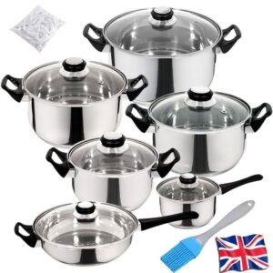 12 Piece Stainless Steel Cookware Saucepan Set Pan Pot Kitchen Cooking Glass Lid