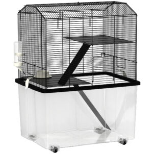 PawHut Three-Tier Gerbil Cage, Hamster Cage For Dwarf Hamster, Syrian Hamster W/ Wheels, Deep Bottom, Food Dish, Water Bottle
