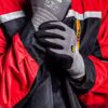 Black nitrile coated grip work gloves close up