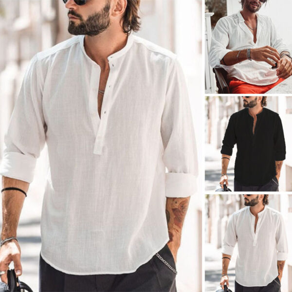 Men’s Casual Long Sleeve Shirt – Stand Collar Cotton