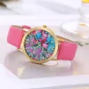 Colorful women's fashion watch with abstract floral dial and comfortable pink buckle strap