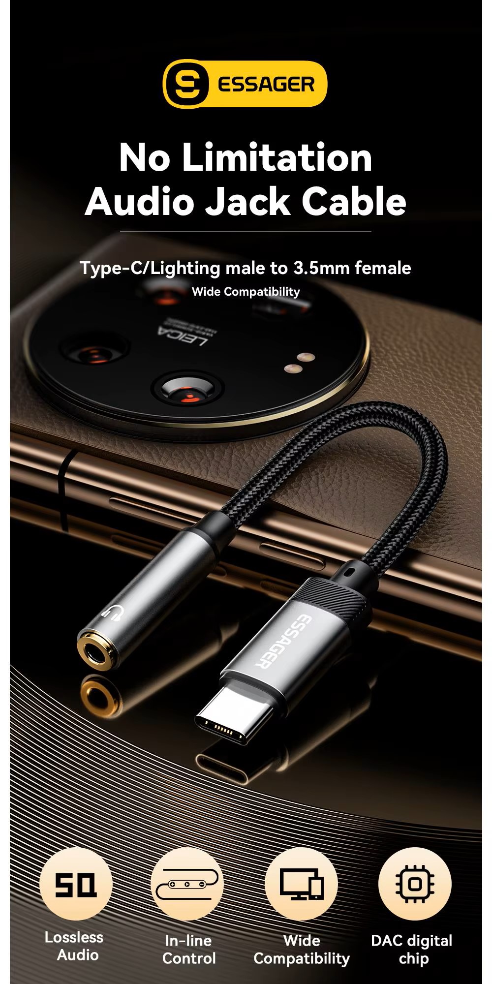 Essager Type C To 3.5mm Jack AUX Cable for iPhone 15 Samsung MacBook Lightning to 3.5mm Headphone Audio Adapter for iPhone14 13