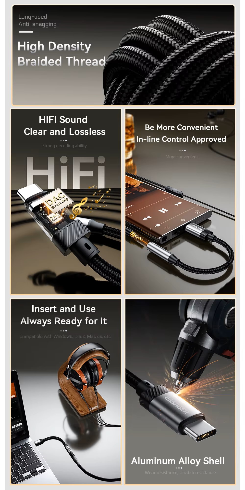 Essager Type C To 3.5mm Jack AUX Cable for iPhone 15 Samsung MacBook Lightning to 3.5mm Headphone Audio Adapter for iPhone14 13
