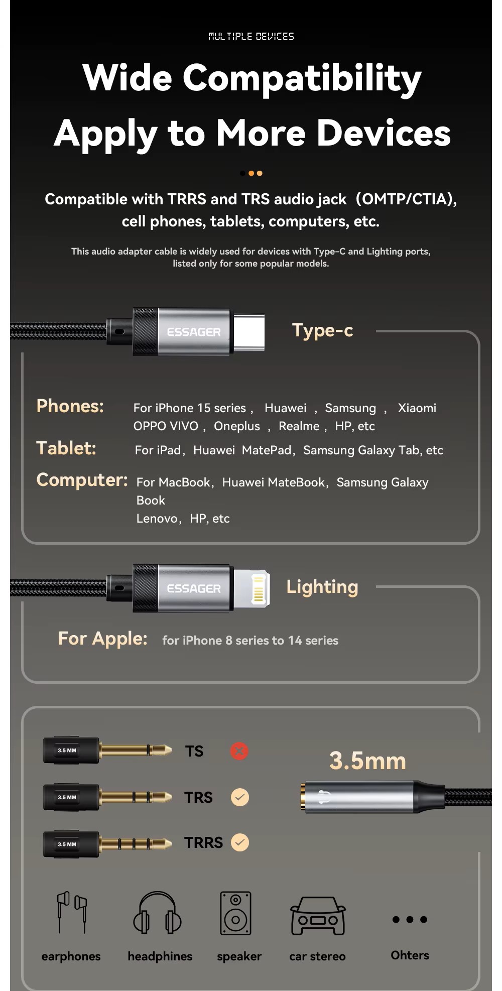 Essager Type C To 3.5mm Jack AUX Cable for iPhone 15 Samsung MacBook Lightning to 3.5mm Headphone Audio Adapter for iPhone14 13